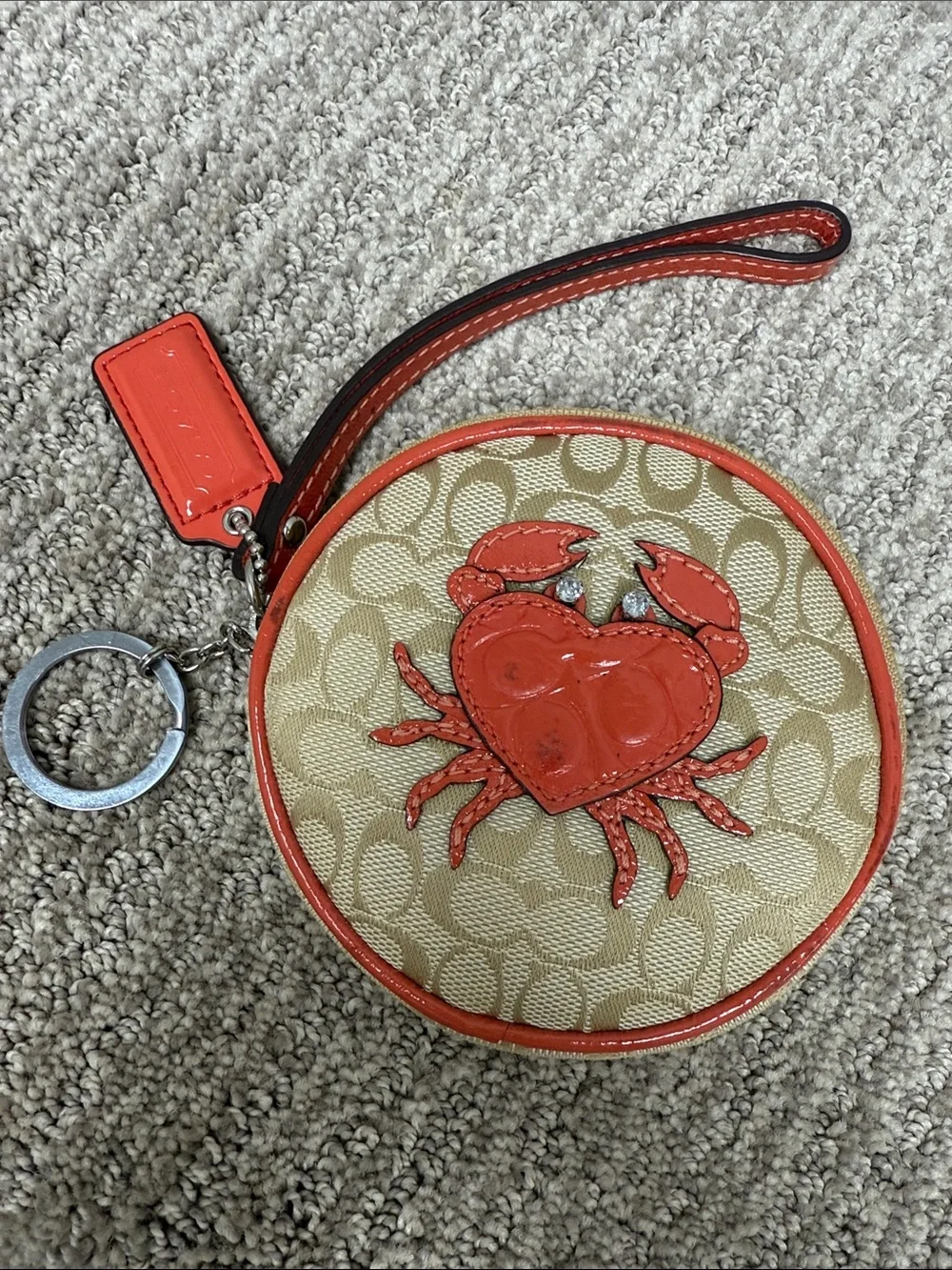 Coach Beige Signature Round Wristlet with Coral Crab 🦀 Appliqué